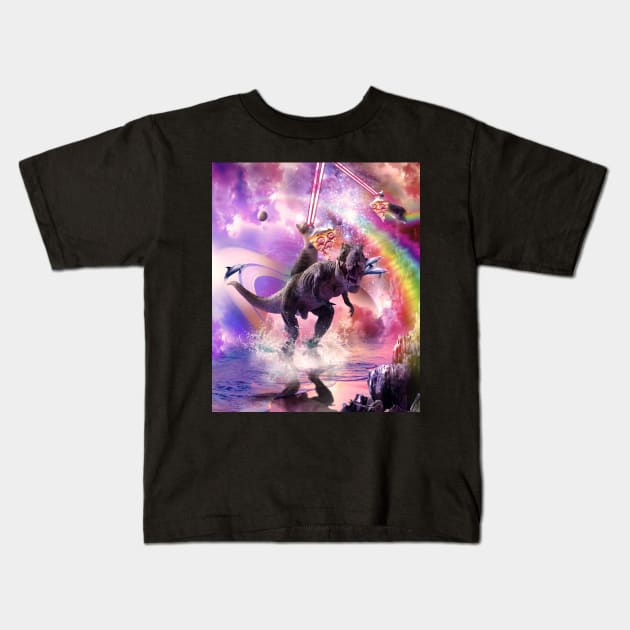 Rainbow Laser Space Cat On Dinosaur Eating Pizza Kids T-Shirt by Random Galaxy
